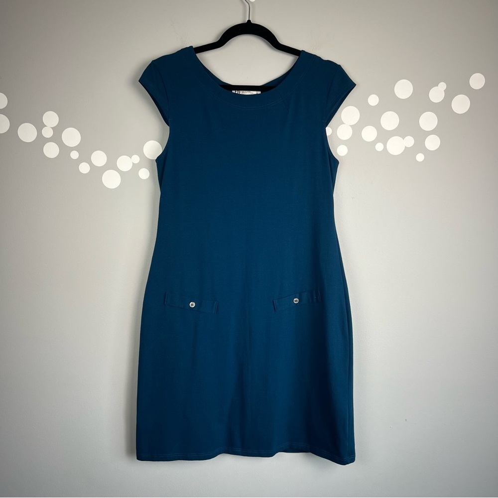 FIG Pia Dress Size L Teal UPF 50+ Organic Cotton Stretch Travel